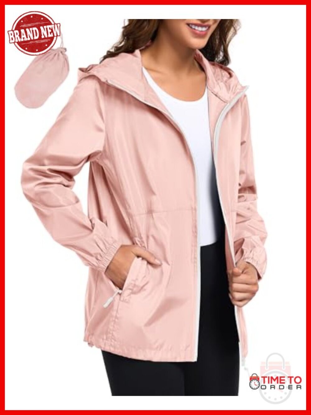 Waterproof Rain Jacket Lightweight High Neck Packable Hooded Windbreaker